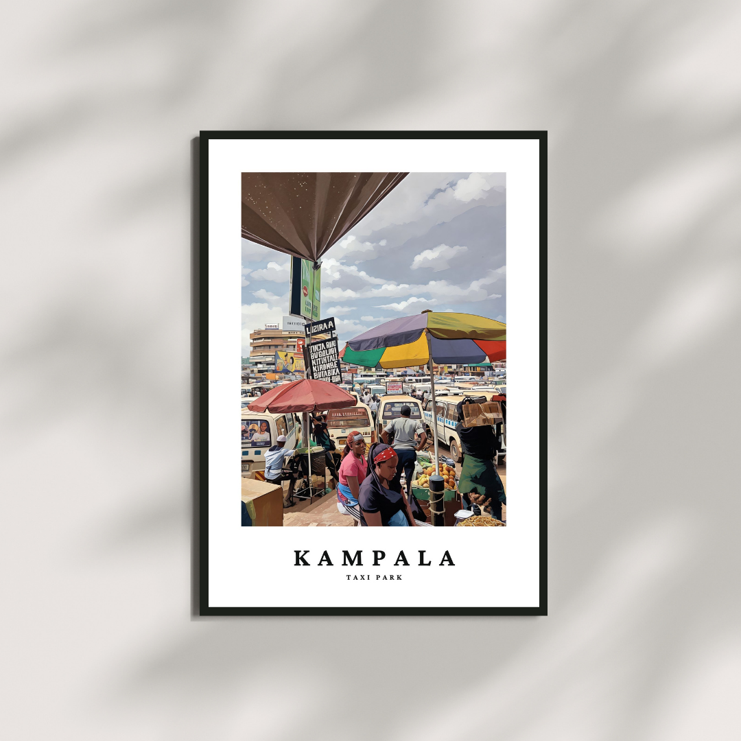 Kampala taxi park art print poster with fruit sellers and matatu park uganda