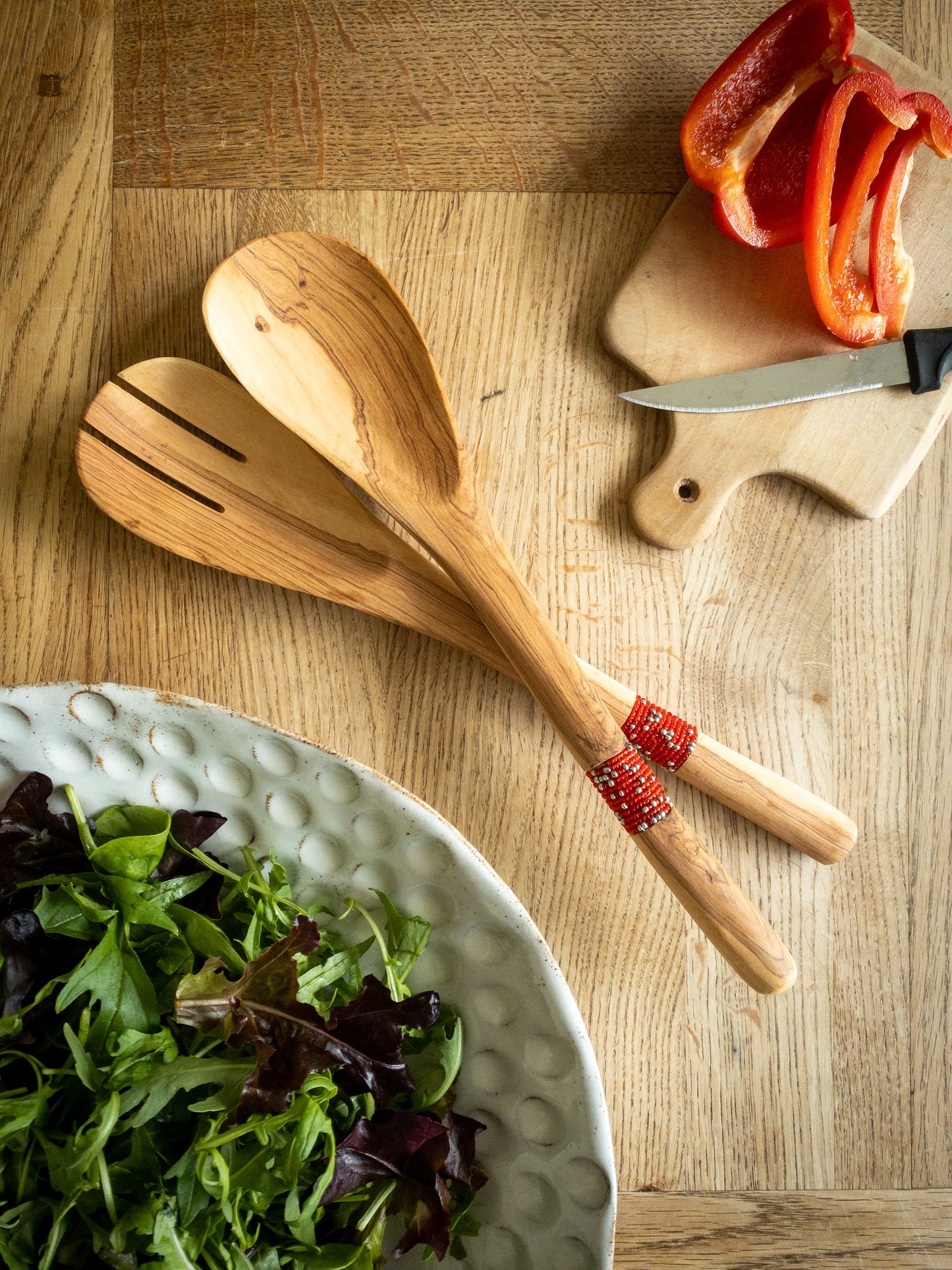 Red and Silver Bead Salad Servers